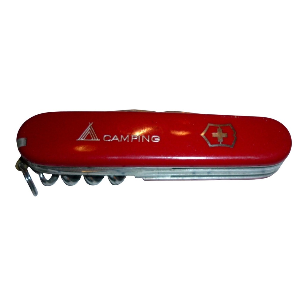 Vintage Victorinox Camping Swiss Army Knife Red Tent Logo Wood Saw Switzerland